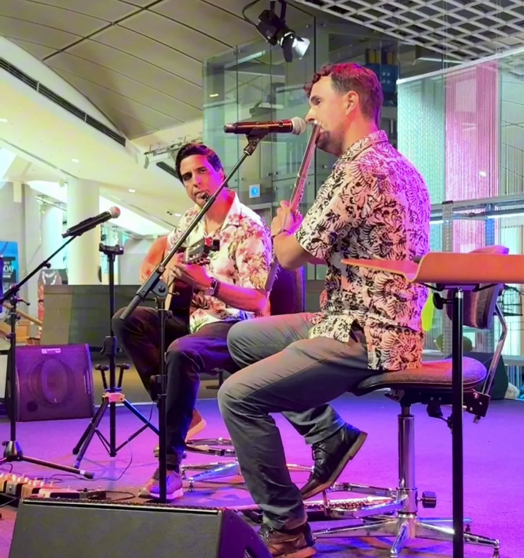 Ernesto Castillo on guitar with Rodrigo Parejo on flute at Esplanade Concourse, Crossing Borders 2026